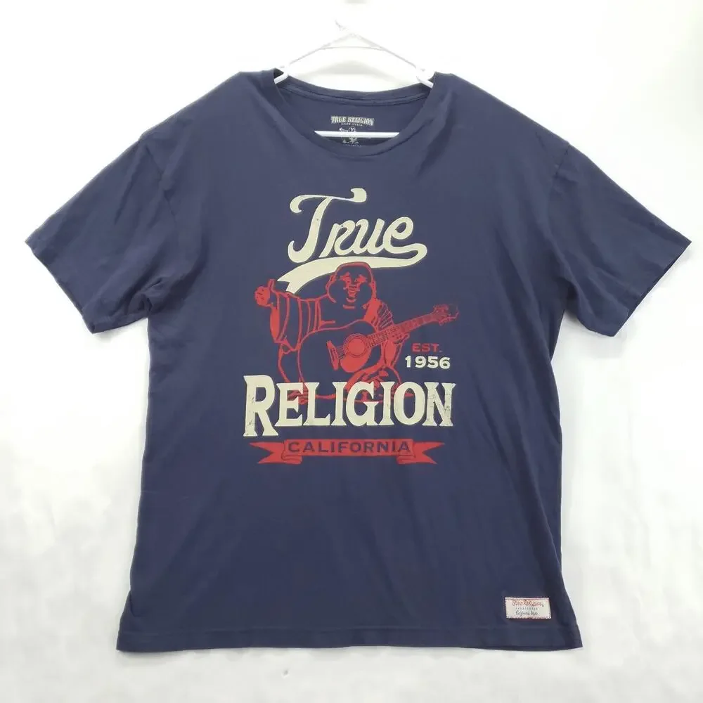 True Religion World Tour Shirt Mens XL Blue Short Sleeve Crew Neck Pullover